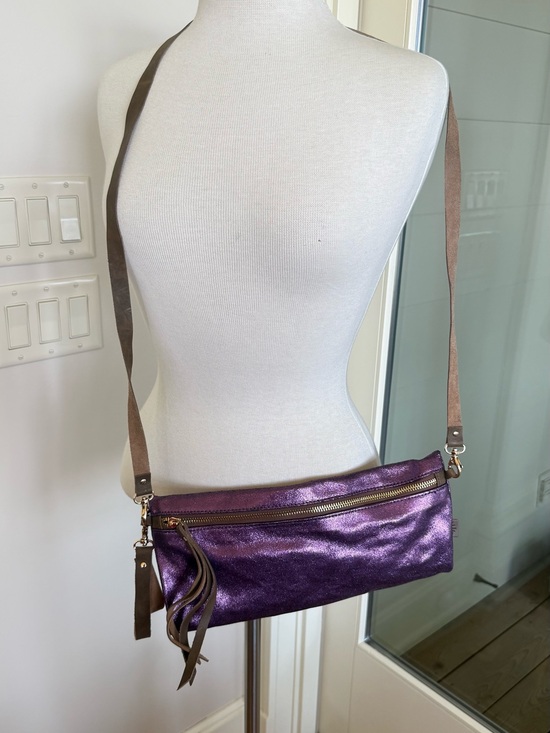 Head Regal Handbags - Head Regal Metallic Purple Leather Crossbody Bag with Tassel Accent